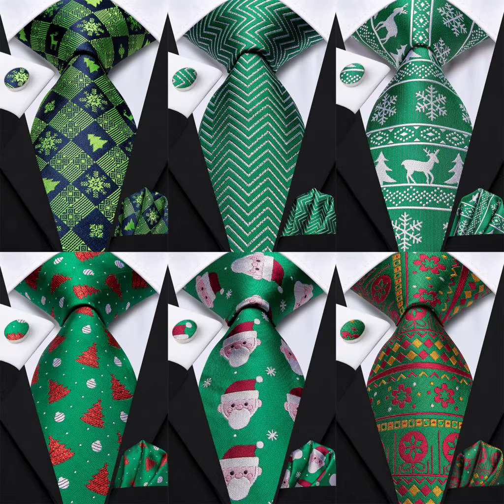 Green Christmas Tie For Men New Elegant Mens Xmas Necktie Pocket Square Cufflink Groom Wedding Accessory Hi-Tie Design Wholesale