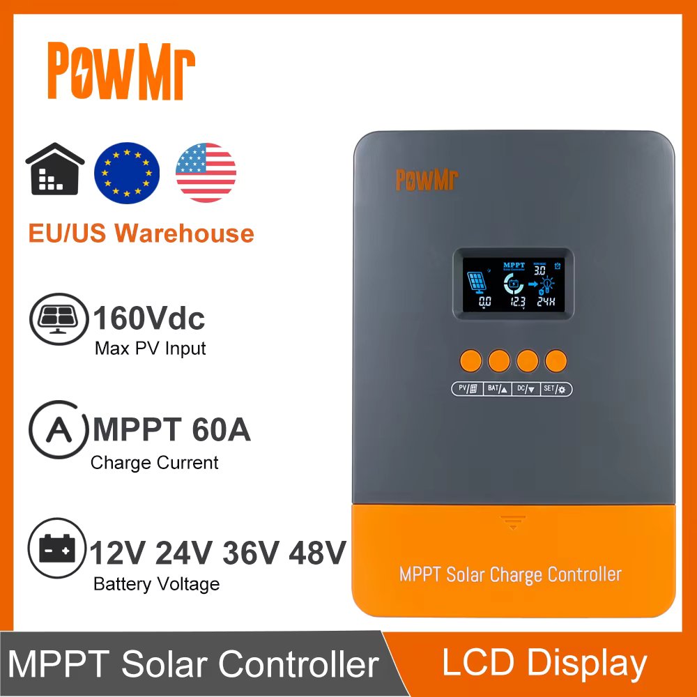PowMr MPPT Solar Charge Controller 60A 12V/24V/36V/48V Auto LCD Display Solar Panel Regulator for Lithium Battery & Connector