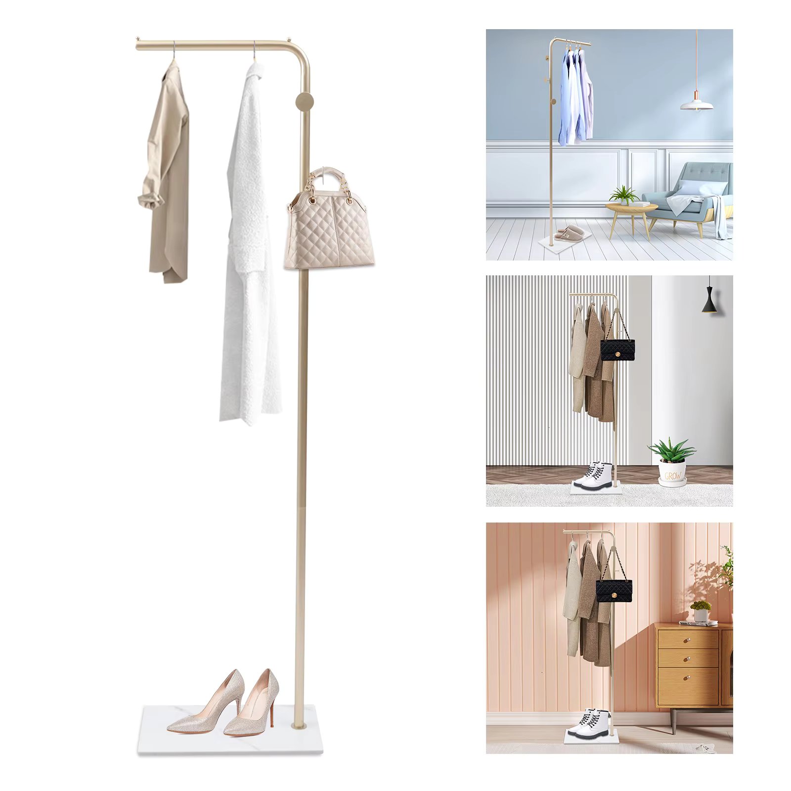 Metal Coat Rack W/3 Hooks Freestanding with Natural Marble Base Clothing Hanger Stand for Coats, Hats, Scarves, Clothes Gold