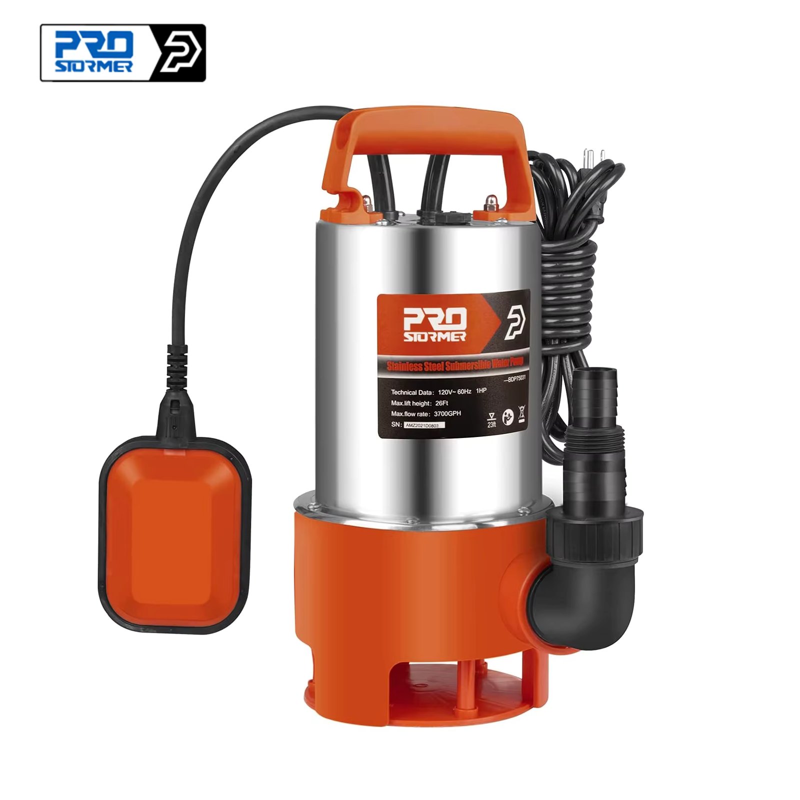 Stainless Steel Sump Pump 1HP 3700GPH Submersible Clean/Dirty Water Pump with Float Switch for Fresh Water Mains PROSTORMER