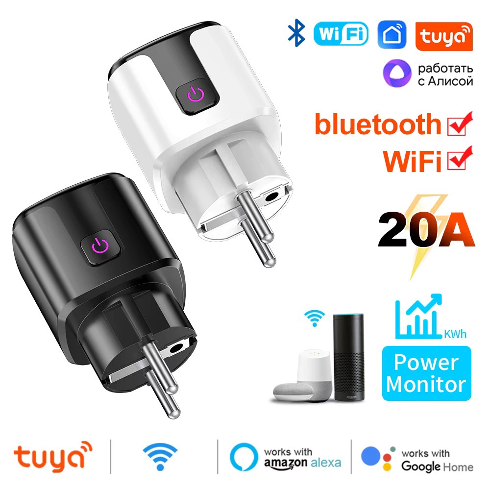 Tuya Smart 20A EU Plug WiFi+Bluetooth Socket With Power Monitoring Timer Outlet Voice Control Work for Google Home Alice Alexa