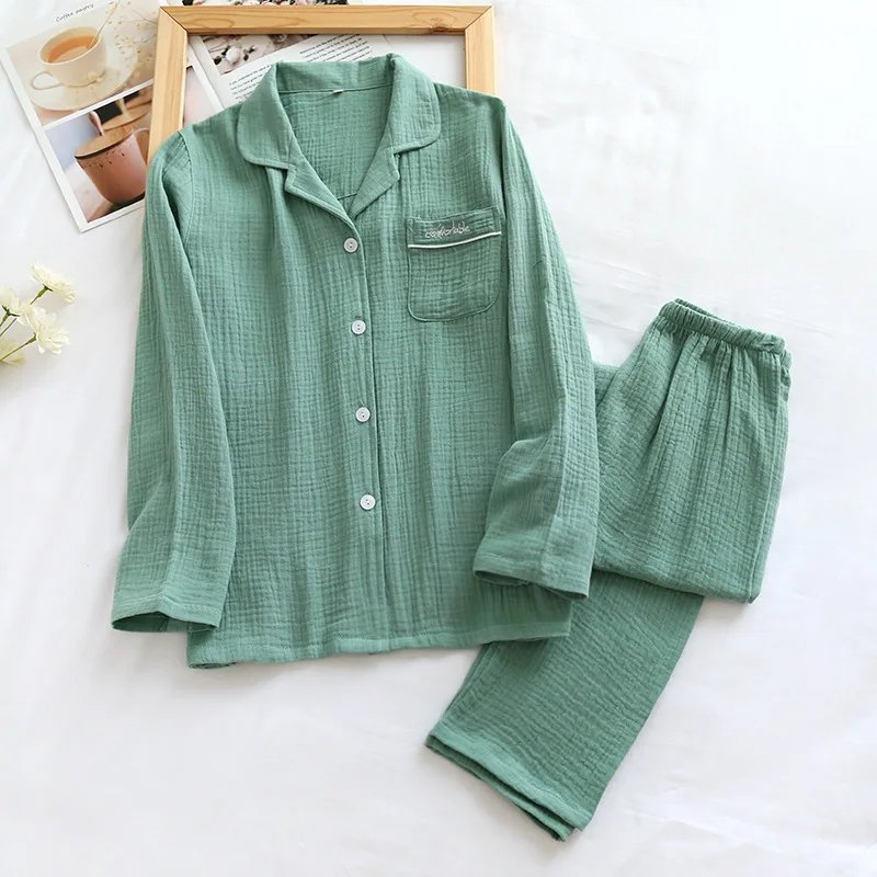Couple's Cotton Crepe Double Layer Gauze Pajamas Men and Women Large Size Sleepwear Long Sleeve Solid Pyjamas Two Piece Set