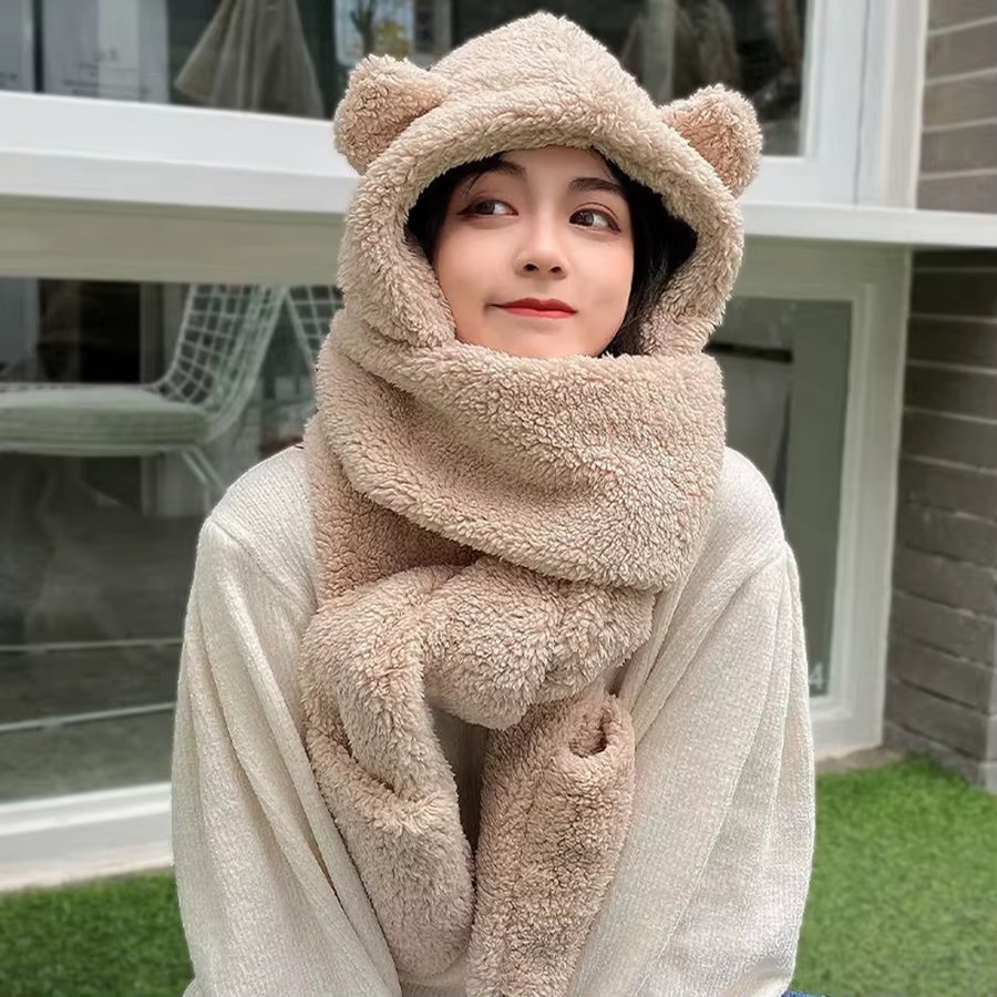 Bear Ears Warm Hat Scarf Sets Women Men Warm Comforts Thickened Plush Hoodie Hat Scarf Gloves Set Girl Kawaii Casual Hat