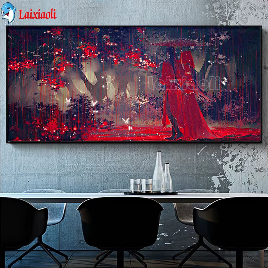 Bride and groom diamond painting cross stitch Red umbrella, romantic forest scenery mosaic full square/round diamond embroidery