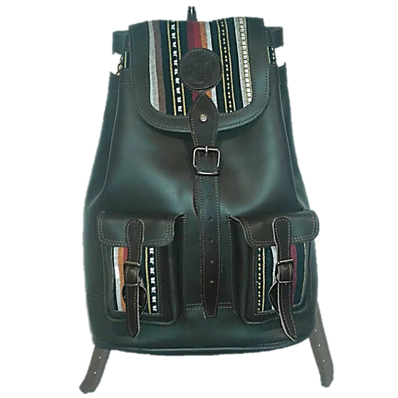 Spanish denim leather backpack. With Valencian tipico twill details
