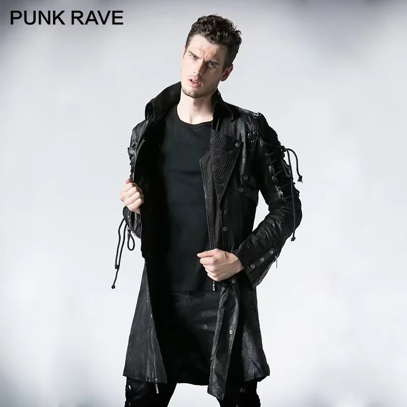 PUNK RAVE Punk Military Autumn Winter Jacket Western PU Leather Slit Unisex Gothic Retro Style Faux  Men Long Coats