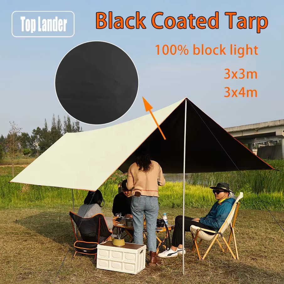 3x4 3x3m Black Coated Tarp Screen Shade Membrane Camping Tarp Waterproof Outdoor Tarpaulin Shelter Sunshade Flysheet Awning UV50