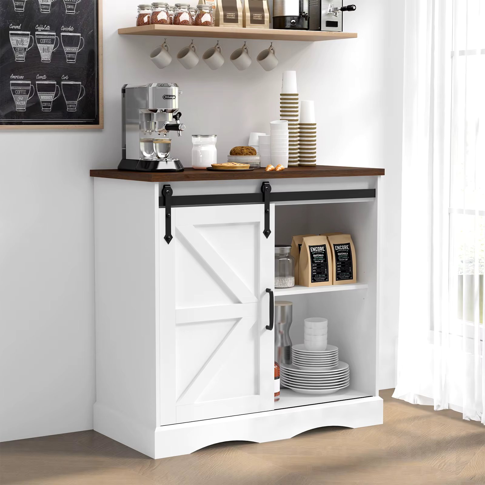 Farmhouse Coffee Bar Cabinet, Rustic Buffet Storage Cabinet with Sliding Barn Door, 31.5" Kitchen Sideboard Accent Cabinet