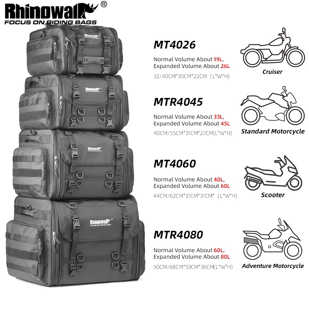 Rhinowalk Motorcycle Travel Luggage Bag Waterproof 19L-80L Expandable Big Capacity Motor Tail/Trunk/Rack Bag For Most motorcycle