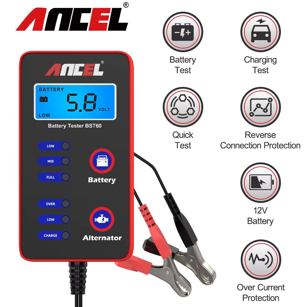 ANCEL BST60 12V Digital Car Battery Tester Quick Tester Alternator Charging with cigarette lighter adapter Car Battery Test Tool