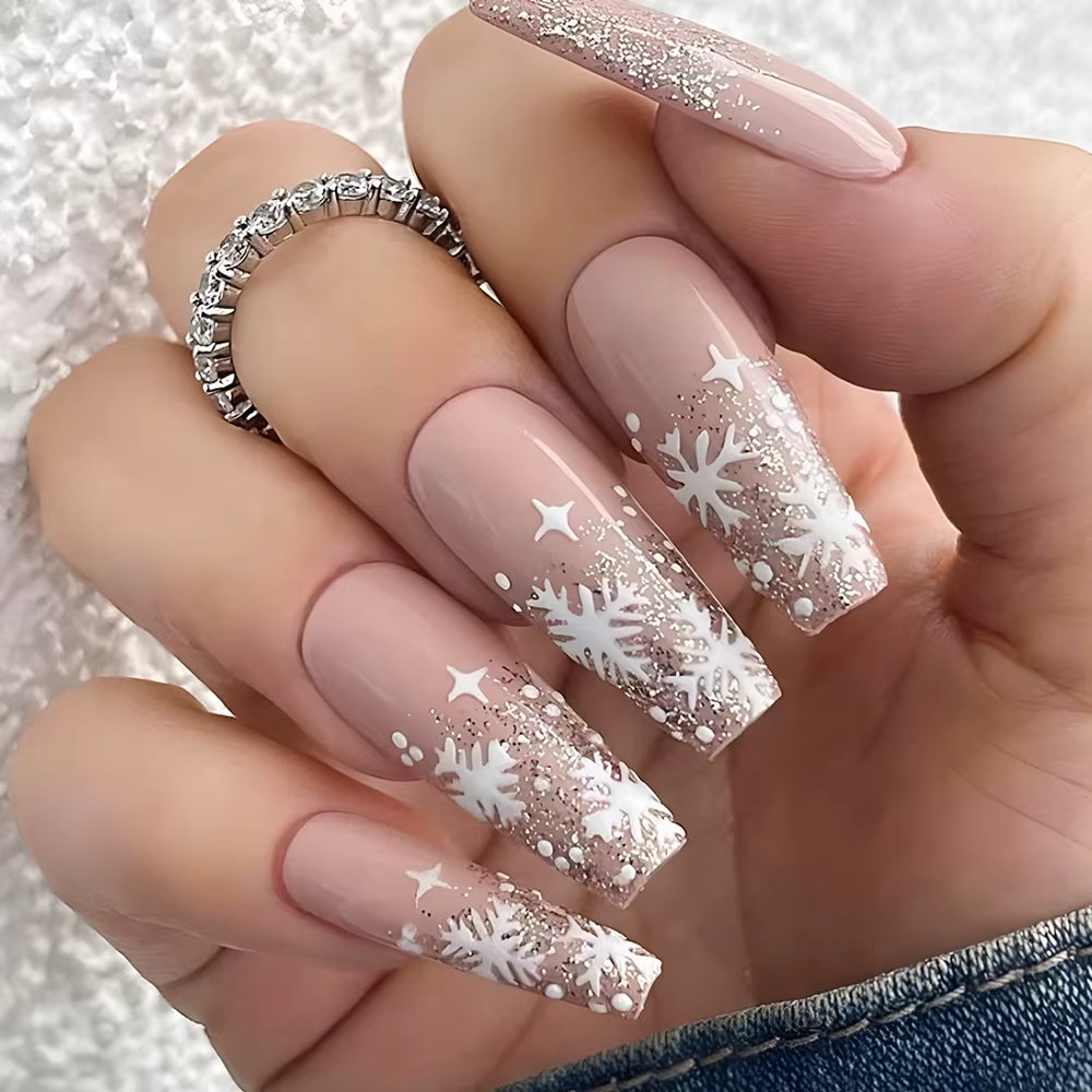 24Pcs Snow Glitter French Fake Nails Long Ballet Square False Nails Nude Acrylic Nail Tip Christmas Design Elegant Press on Nail