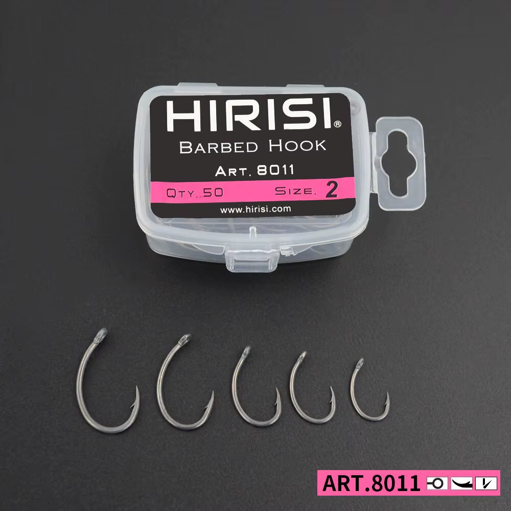 Hirisi Carp Fishing Hooks 50pcs PTFE Coating High Carbon Steel Barbed Hooks In Box 8011