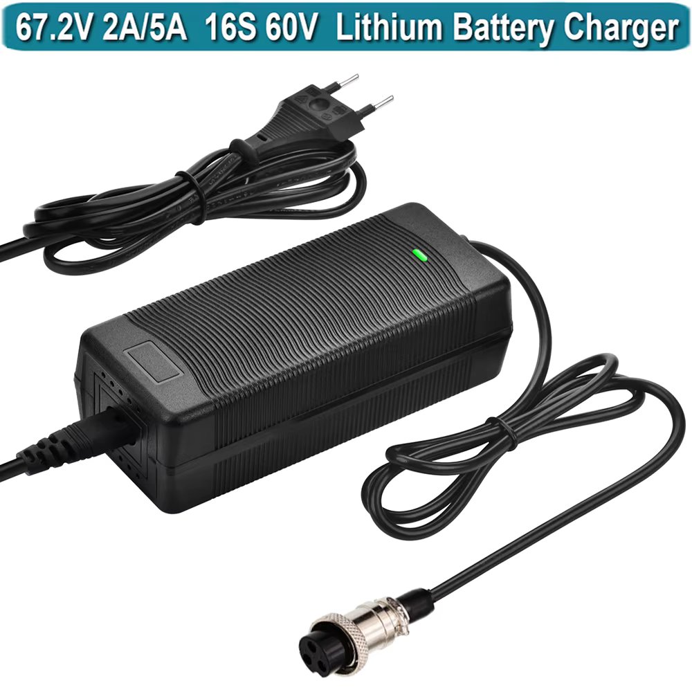 67.2V 2A Charger 16S Li-ion Battery 110V-240V 60V Charger Output 2A for 60V Lithium Health Care 59.2V GX16 3-Prong Plug Jack