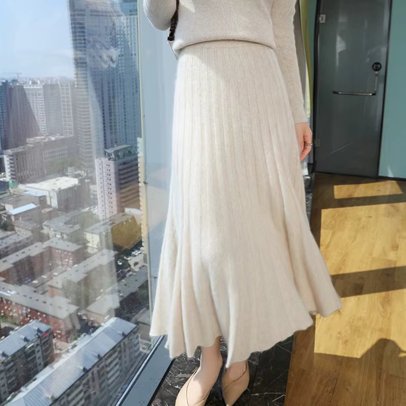 Autumn And Winter Fashion Mink Cashmere Mid Length High Waist Skirt For Women, Knitted Umbrella Skirt, Fashionable Pleated Skirt