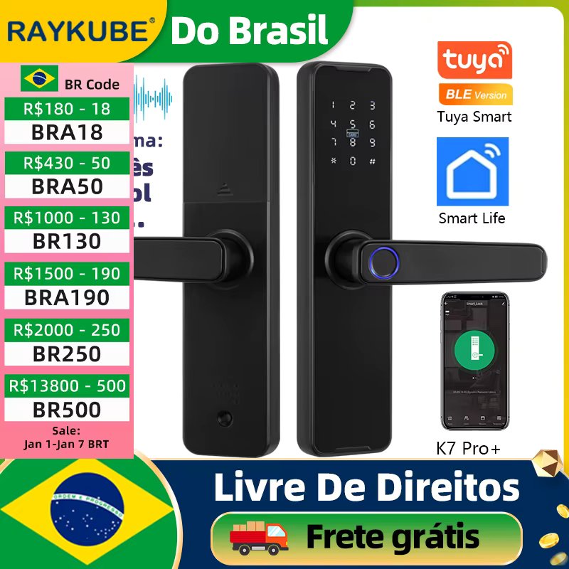 Do Brasil RAYKUBE Black K7 Pro+ Tuya Bluetooth Biometric Fingerprint Door Lock Smart Digital Lock Tuya App Unlock Keyless Lock