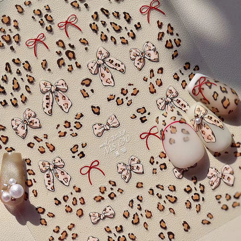 French Leopard Print Bowknot Lace Ribbon Rhinestone Pearl Bow Tie Simple White Black Nail Art Stickers Decoration Manicure Decal