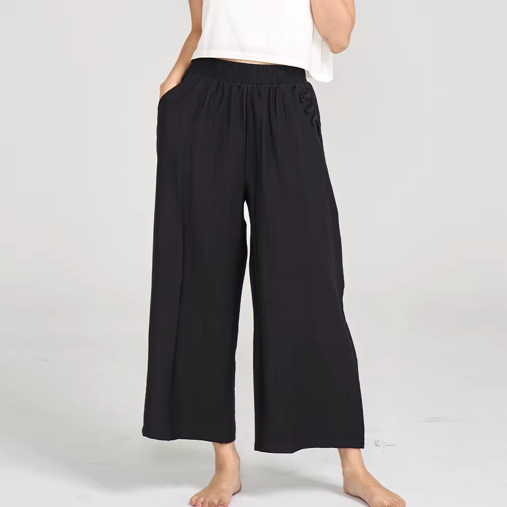 AONE Women's Chiffon Knot Pocket 9-Part Wide Pants, Comfortable, Cool, Wide-Leg Pants, Style 103