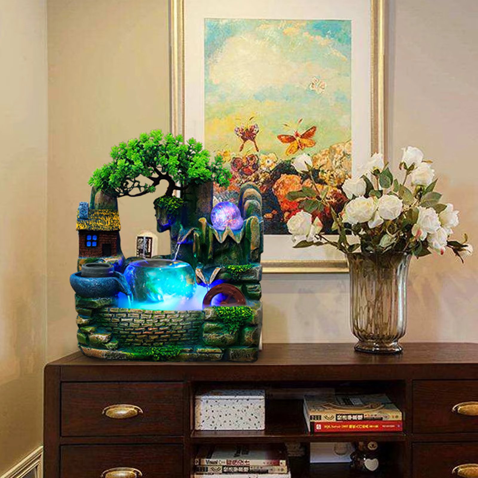 Water Feature Fountain Home Office Indoor Tabletop Rockery Water Fountain Decor, Fountain Waterfall w/Atomizer Home Office