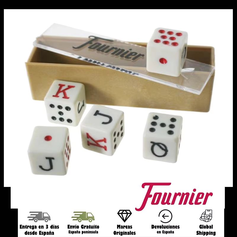Fournier, 5 dice poker, straight corners, 1.5x1.5x1.5, with plastic box, Casino, Table Game, Play, Yatzy, liar, adults, accessory beach, pool, Camping, young, fun, entertainment