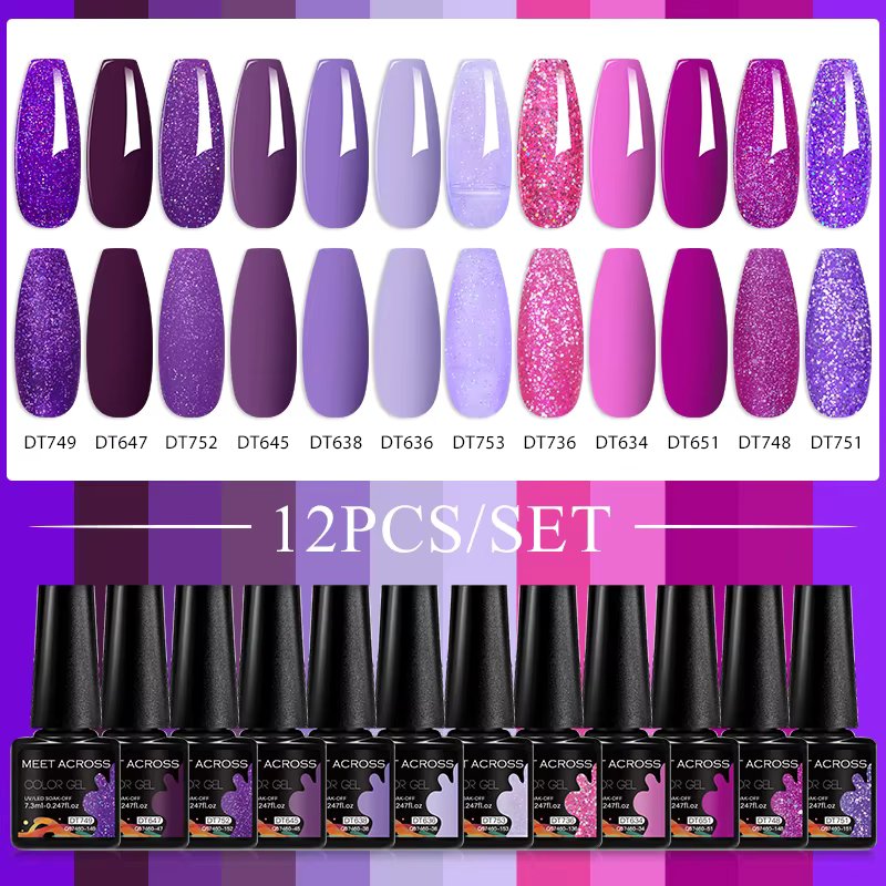 MEET ACROSS 12pcs 7.3ml Gel Nail Polish Set Purple Pink Glitter Semi Permanent Soak Off UV LED Gel Polish Kit Nail Art Varnishes