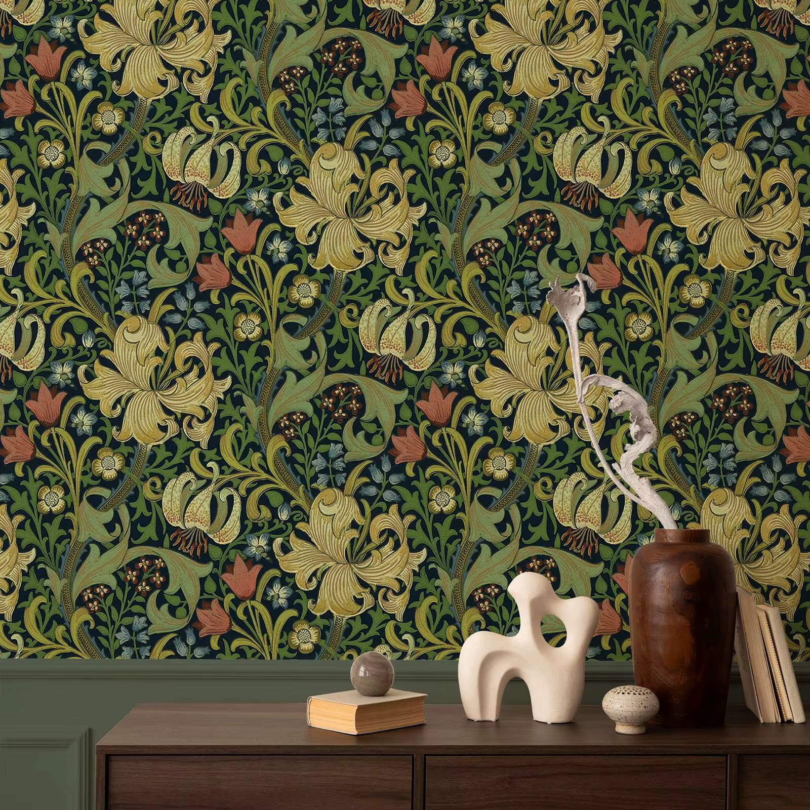 Golden Lily Wallpaper in dark, William Morris ,Removable Peel and Stick Wallpaper, Non-wowen Wallpaper,Wall Art Paper