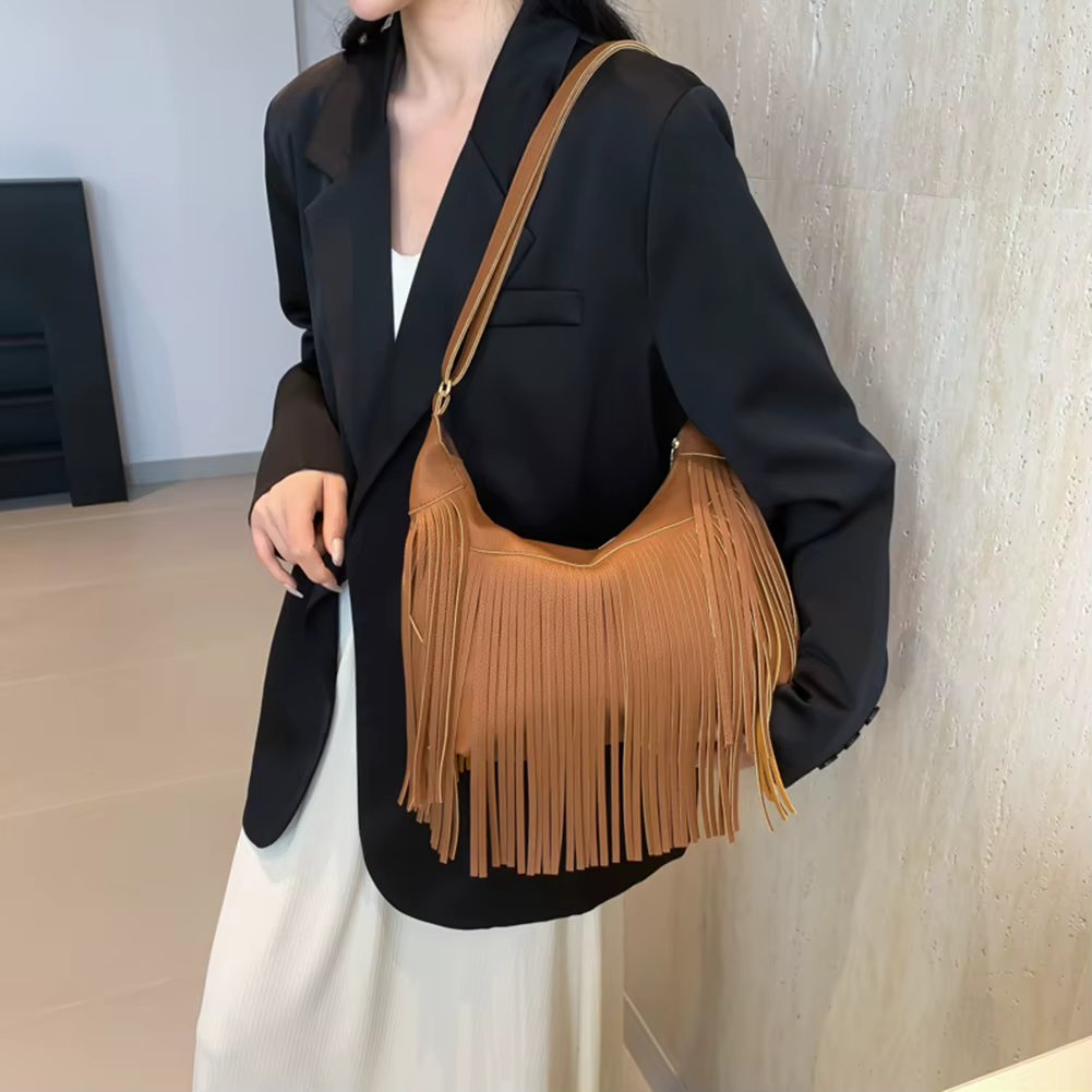 Fashion Women Fringe Hobo Bag 2024 Luxury Design Western Purse Messenger Shoulder Bag Pu Leather Tassel Y2K Hippie Crossbody Bag