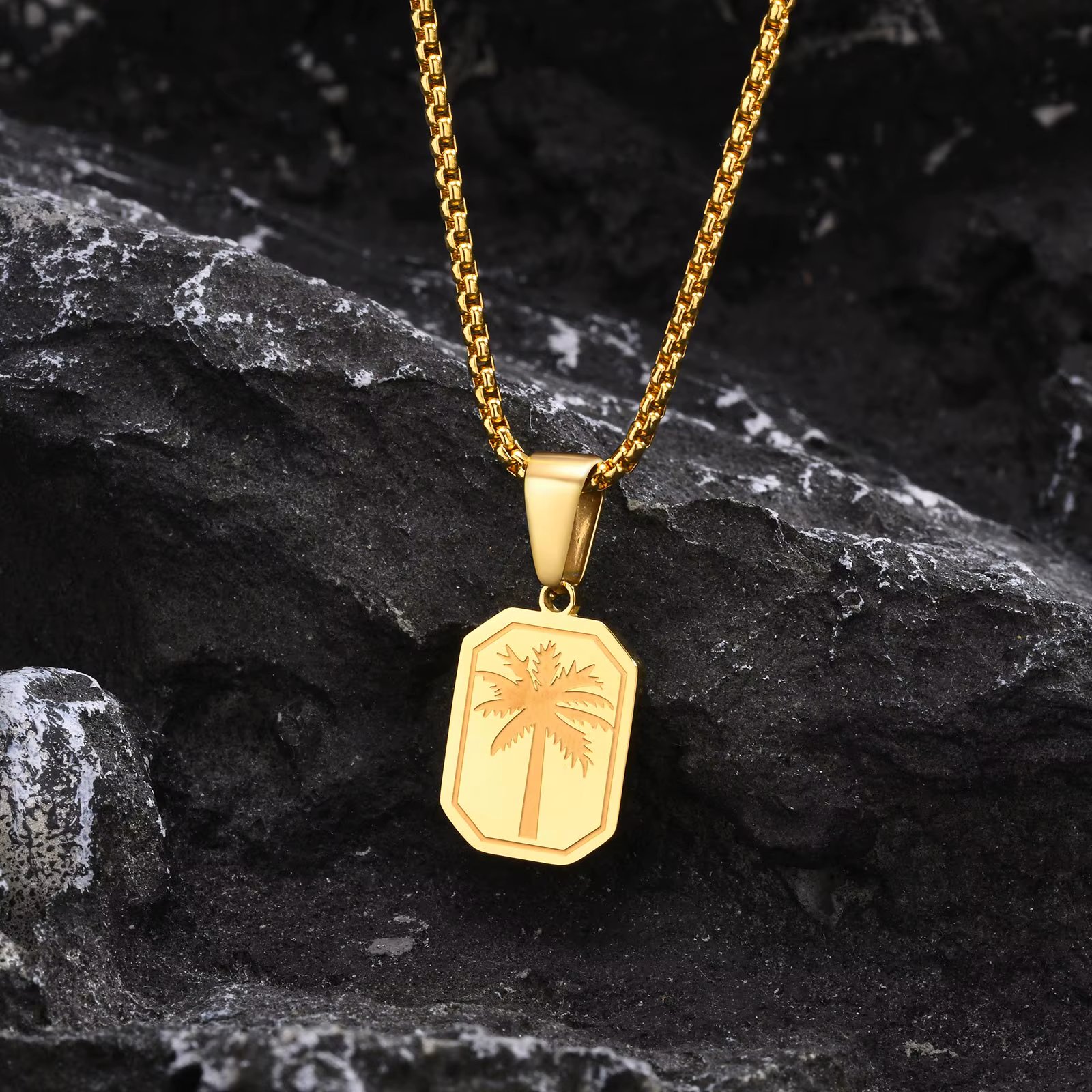 Vnox Simple Geometric Unisex Necklaces, Rectangle Pendant Monogram Palm Tree Collar with Box Chain, Men Women Jewelry