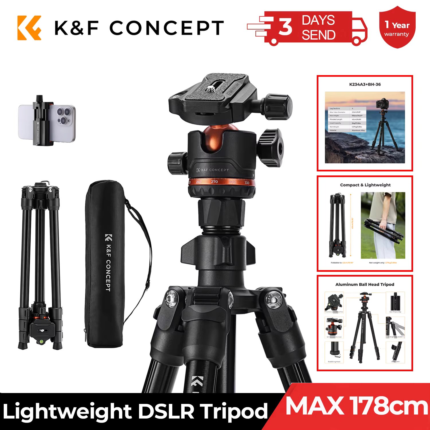 K&F Concept 178cm Camera Tripod Cellphone Clip Lightweight Travel Outdoor DSLR Tripods for Camera Smartphone Live Streaming Vlog