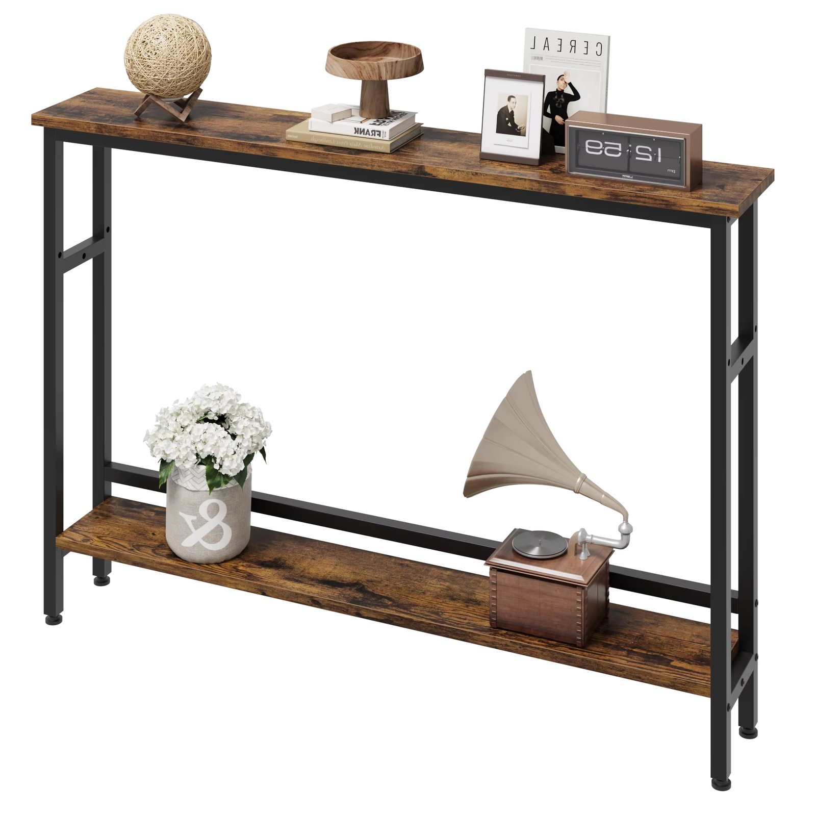 2 Tier Narrow Sofa Table, 5.9" Skinny Console Table with Adjustable Shelf, Slim Behind Couch Table for Living Room, Entryway