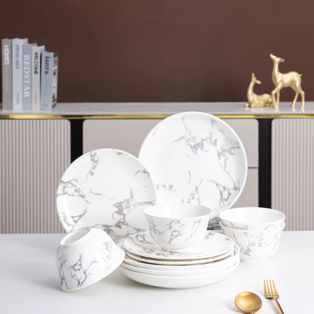 12-Piece Porcelain Dinnerware Set Full Set Marble Pattern Ceramics Tableware with Bowl & Flat Plate & Fruit Plate Christmas Gift