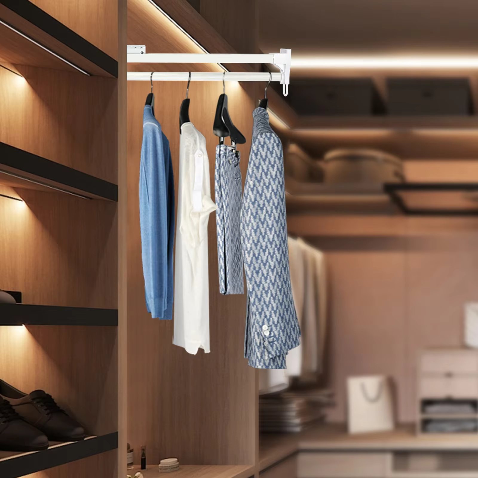 White Pull Out Clothes Hanger Rod Closet Storage Rail Adjustable Wardrobe Clothes Rail, Rail Stretch Rack for Closet, Bathroom