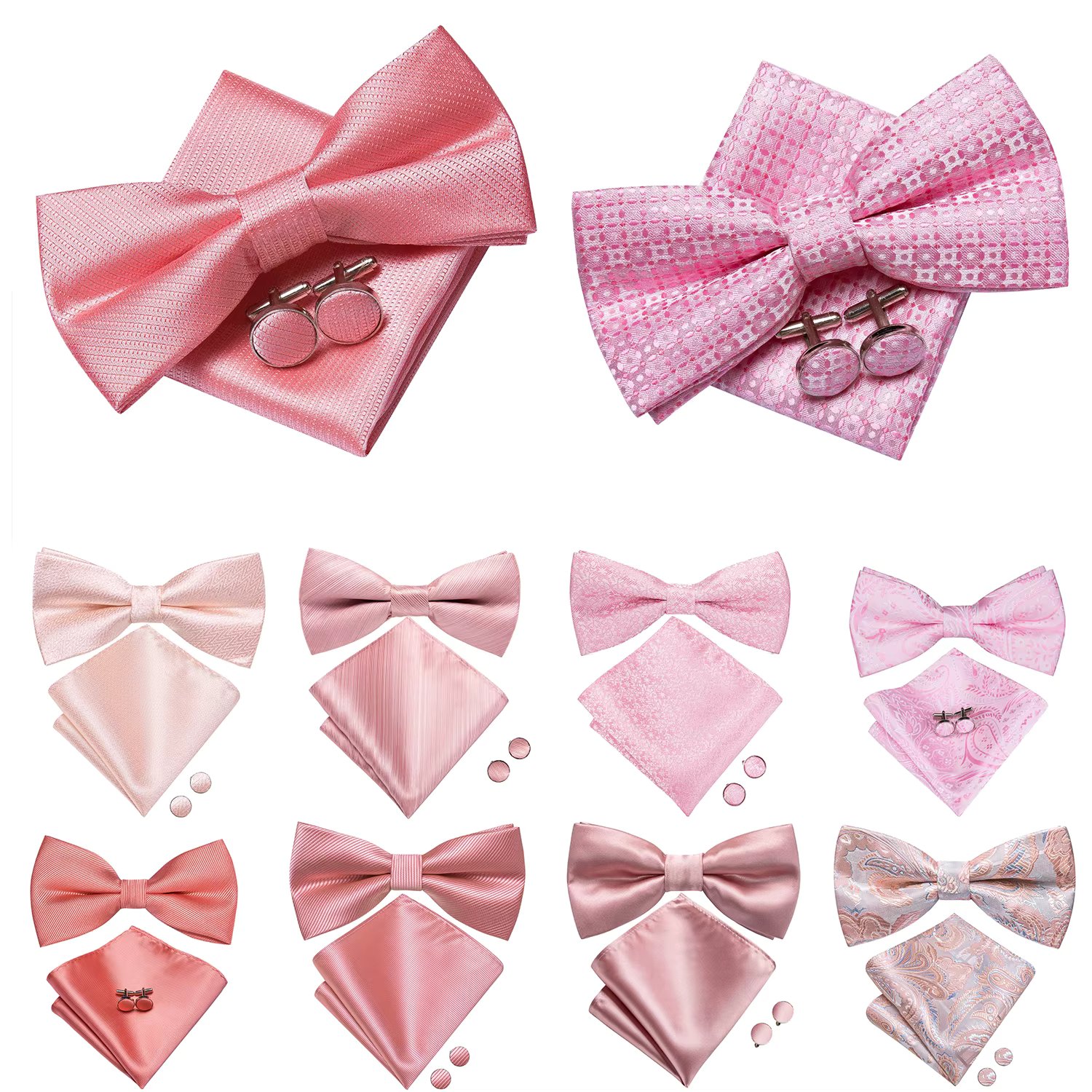 Hi-Tie Pink Dot Silk Mens Pre-tied Bow Tie Hanky Cufflink Set Dusty Pink Butterfly Knot Bowtie for Male Wedding Business