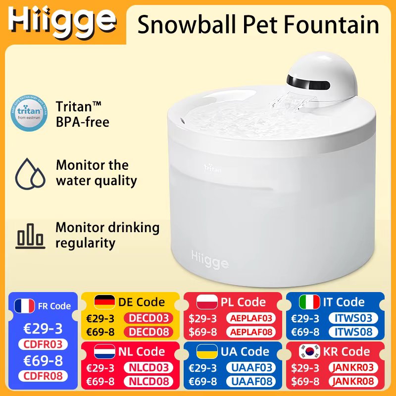 Hiigge Snowball Cat Water Fountain Wireless Automatic Water Dispenser for Dog Cordless Pet Drinker with data analysis