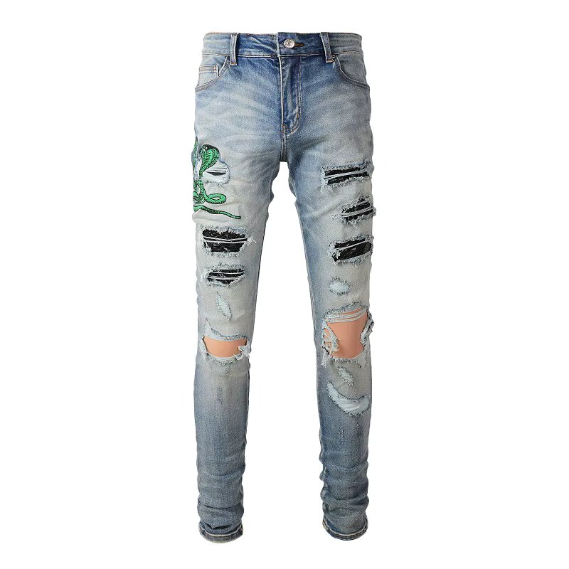 Men Snake Embroidery Jeans Streetwear Leather Patch Stretch Denim Skinny Pants Holes Ripped Distreesed Pencil Trousers