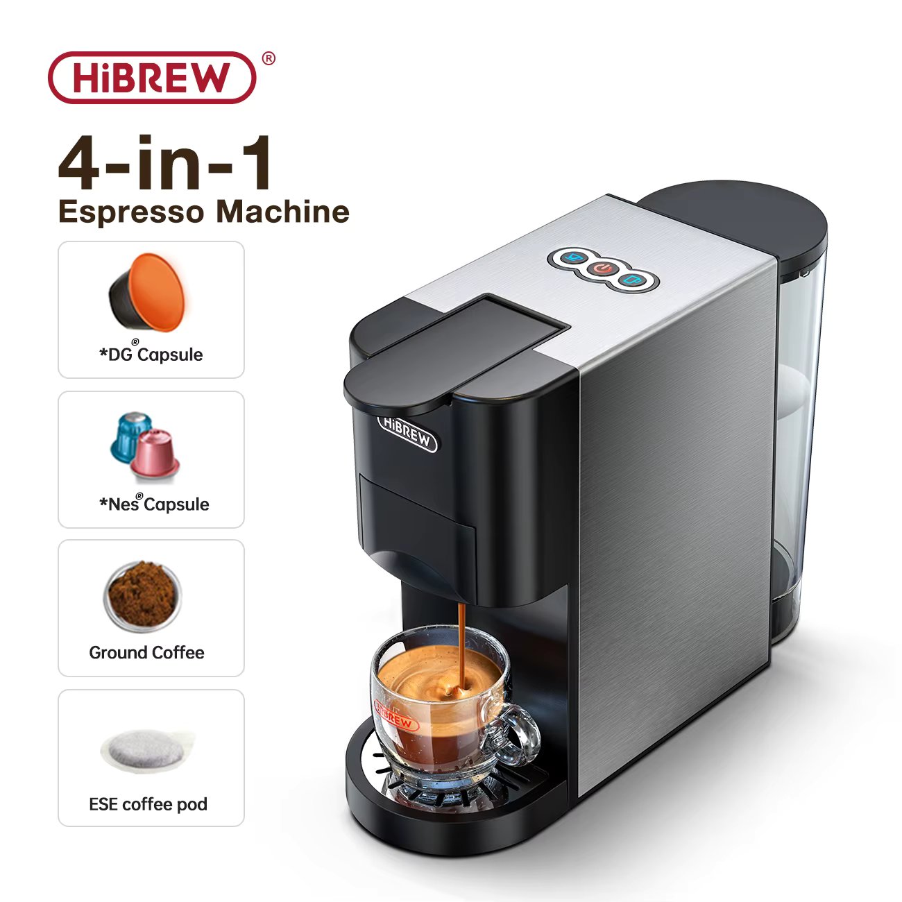 HiBREW Coffee Machine 4in1 Multiple Capsule Espresso  Dolce Milk&Nespresso&ESE Pod&Powder Coffee Maker Stainless Metal Outook H3