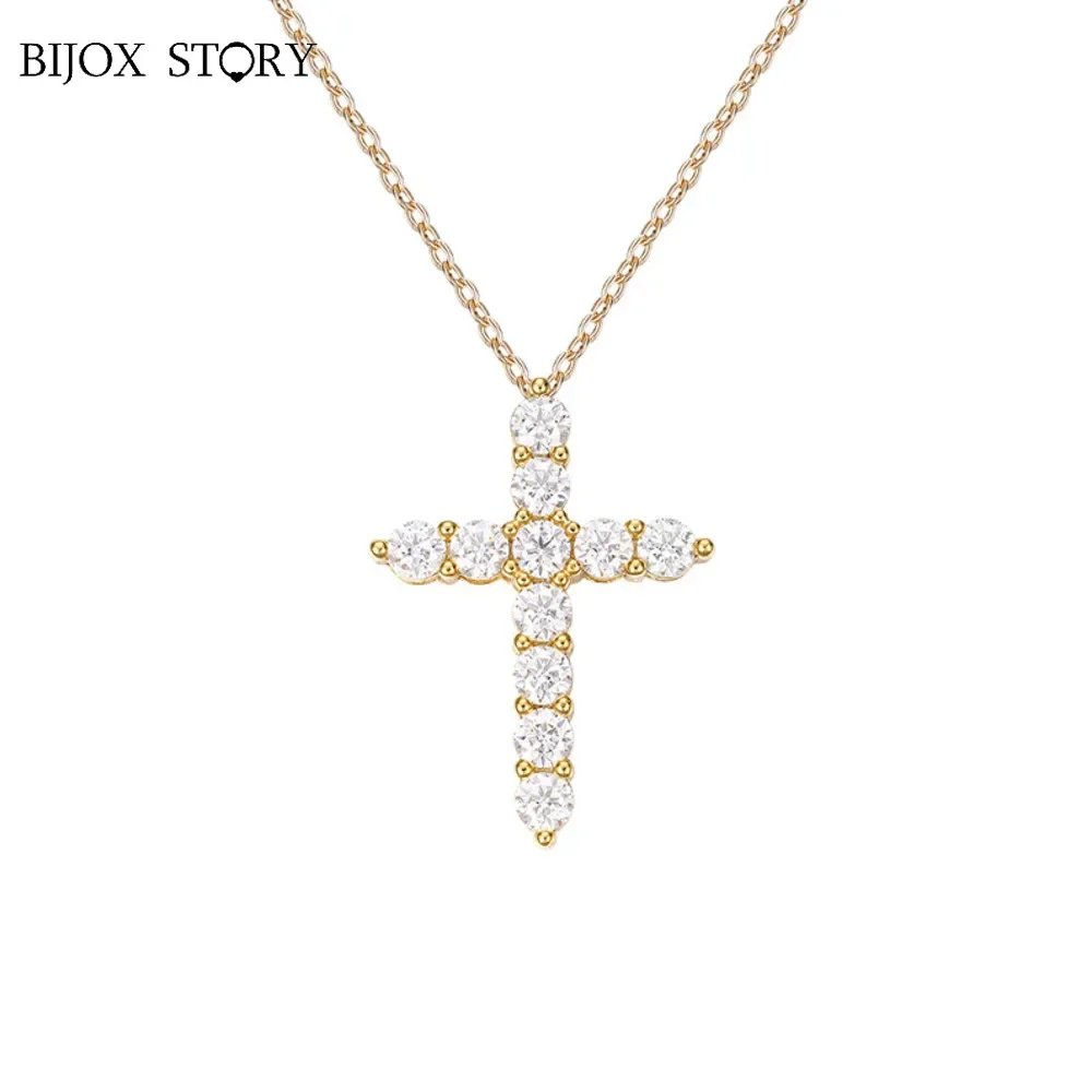 BIJOX STORY 3mm Moissanite Cross Pendant Necklace Original Sterling Sliver Chain Plated 18k White Gold Fine Necklace for Women