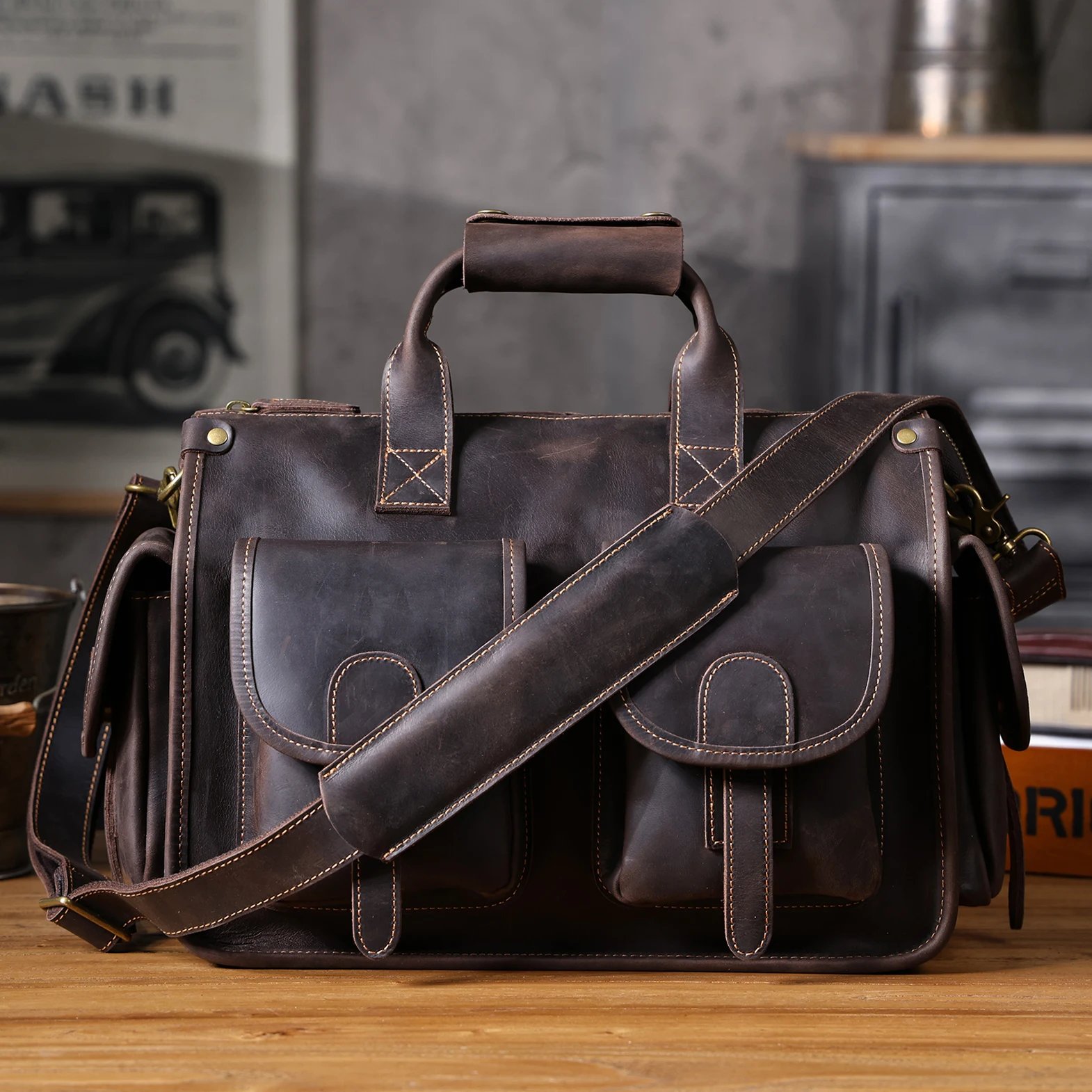 S.WORKER Vintage Genuine Leather Men's Briefcase 14" Laptop Bags Crazy Horse Leather Messenger Handbag Cowhide Idea Gift For Men