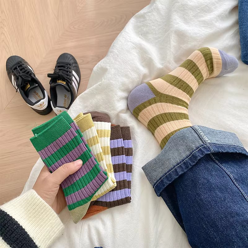 Socks Women Autumn Spring Winter Korea Style Harajuku Street Sport Cotton Stripes Casual Skateboard Mid-tube Sock For Girls Gift
