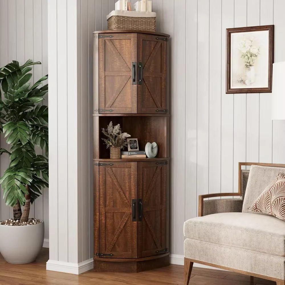 64.8" Tall Farmhouse Corner Cabinet with 4 Doors and 5 Storage Shelves, Farmhouse Storage Cabinet with Barn Door Design,