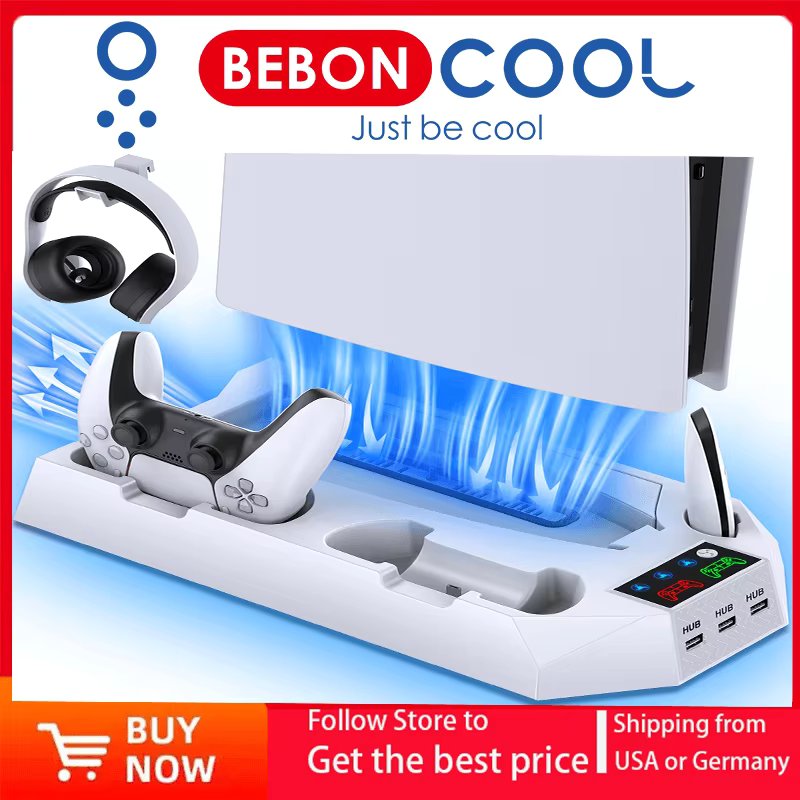 BEBONCOOL Cooling Stand For PS5 Slim PS5 Vertical Stand 2 Controller Charging Dock for Playstation 5 Disc/Digital Console Cooler