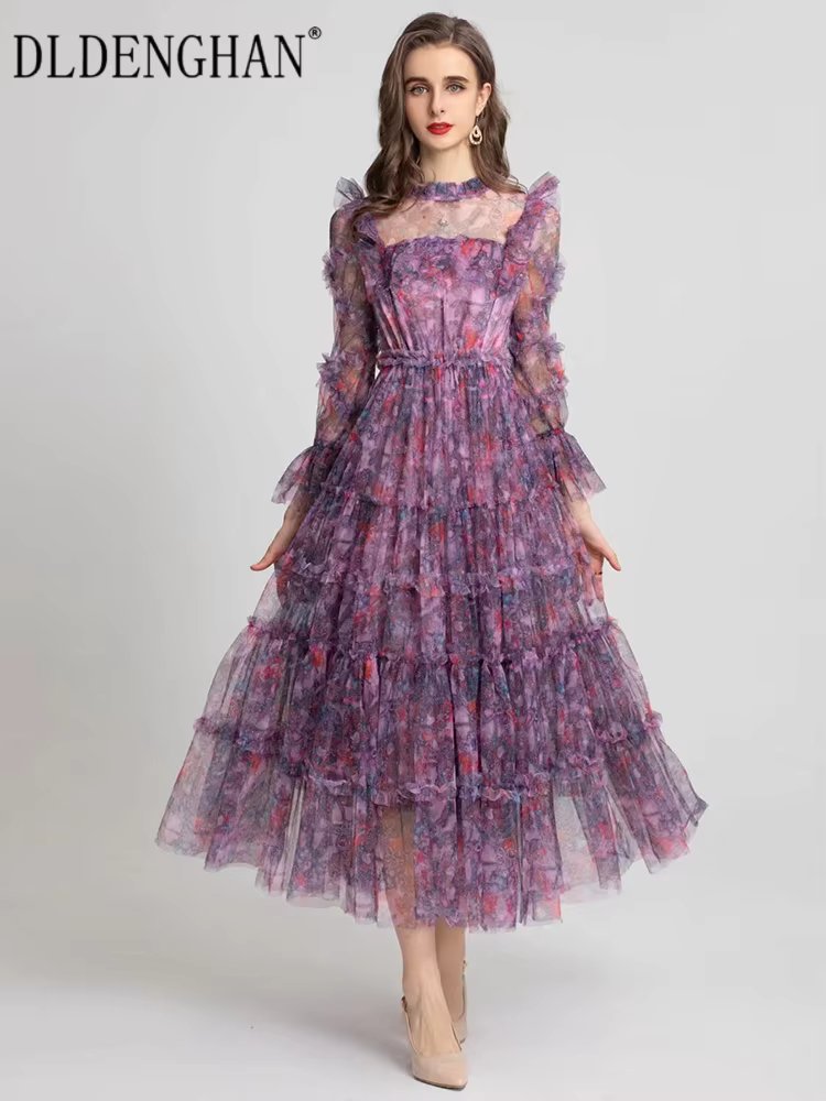 DLDENGHAN Women Mesh Dress Stand Collar Flare Sleeve Ruffles Flowers Print Vintage Party High Waist Long Dresses Summer New