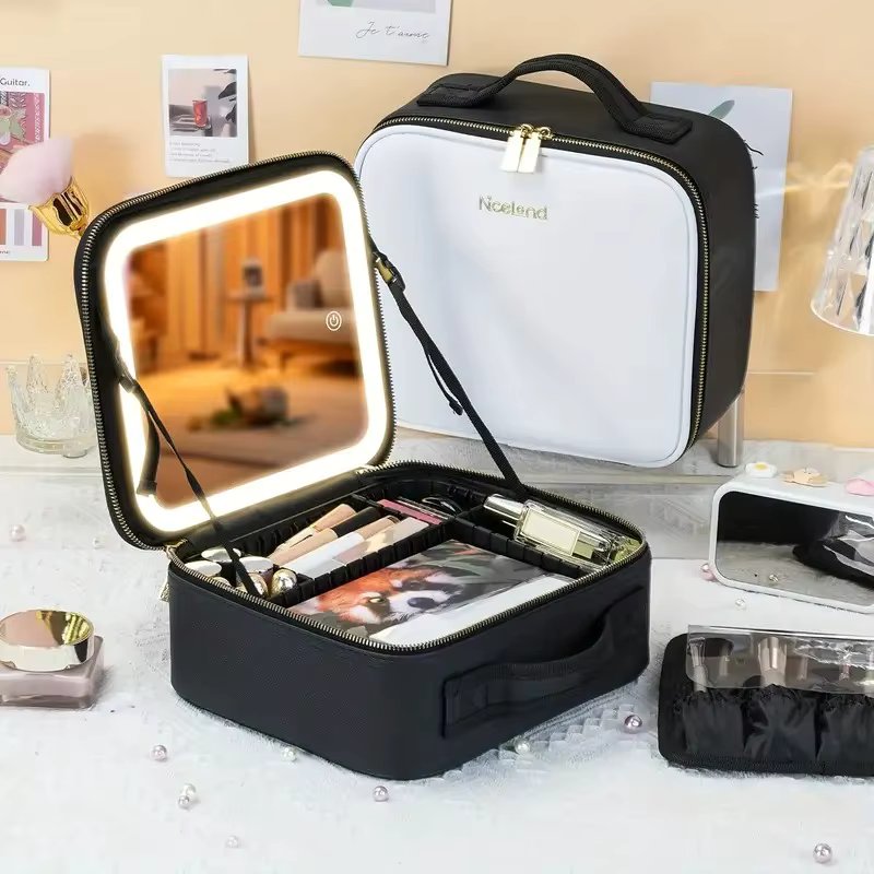 3-Color Portable Travel Makeup Bag with Mirror and Rechargeable LED Light - Waterproof, Unscented, and Lithium Battery Powered