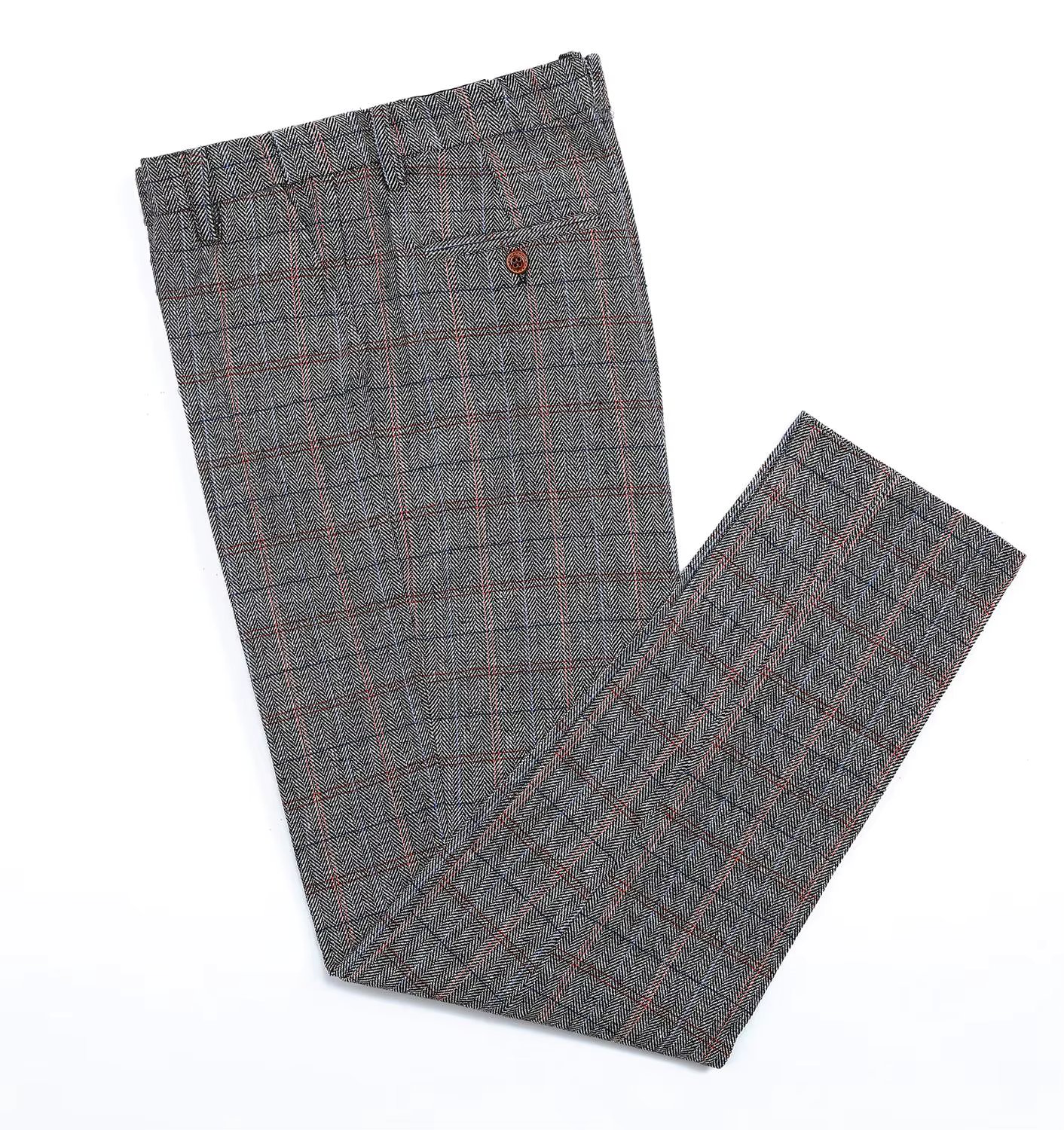 Men's Herringbone Pants Plaid Suits Trousers Wool Tweed Suits Pants With Hidden Expandable Waist For Wedding