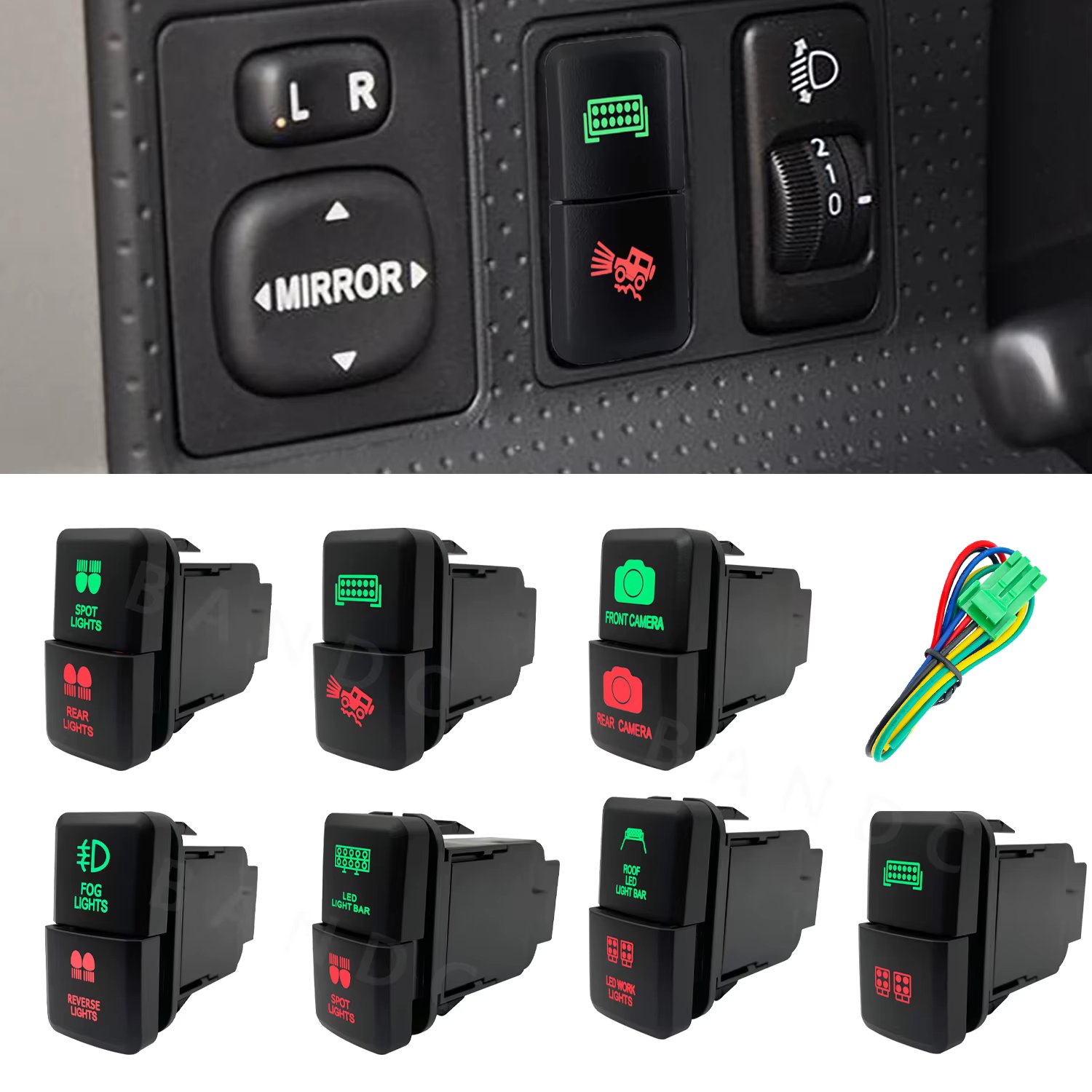 Led Light Bar Dual Push Button Switch Green&Red Led Push Switch with Wiring Connector for Toyota FJ Cruiser Prado Landcruiser