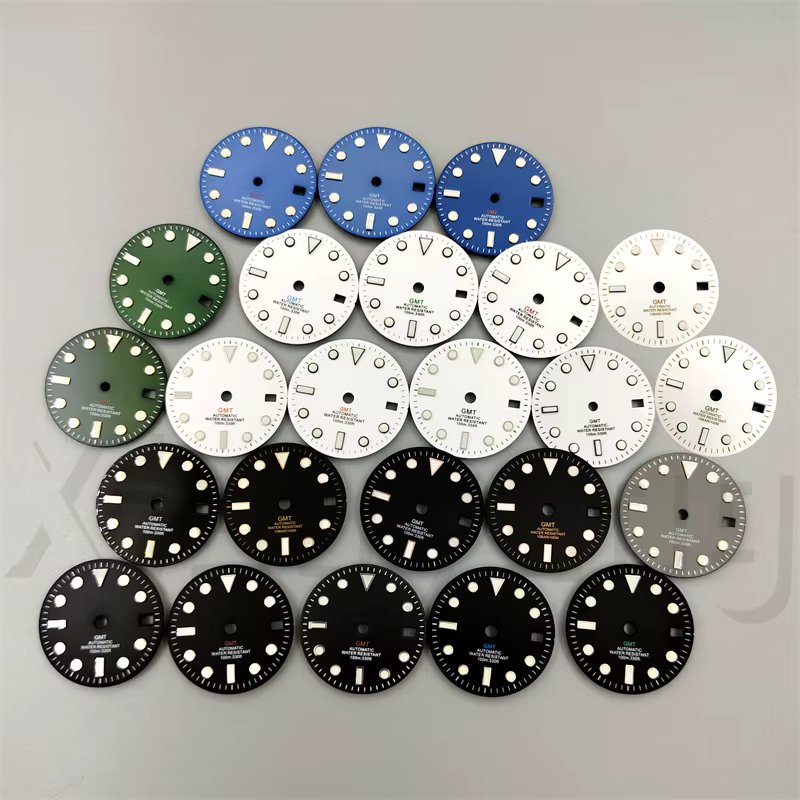 29mm Glossy Watch Dial Black White blue Dial Green Blue Red Orange GMT Text Black Gold Rose Edge Fit NH34 Movement C3 Luminous