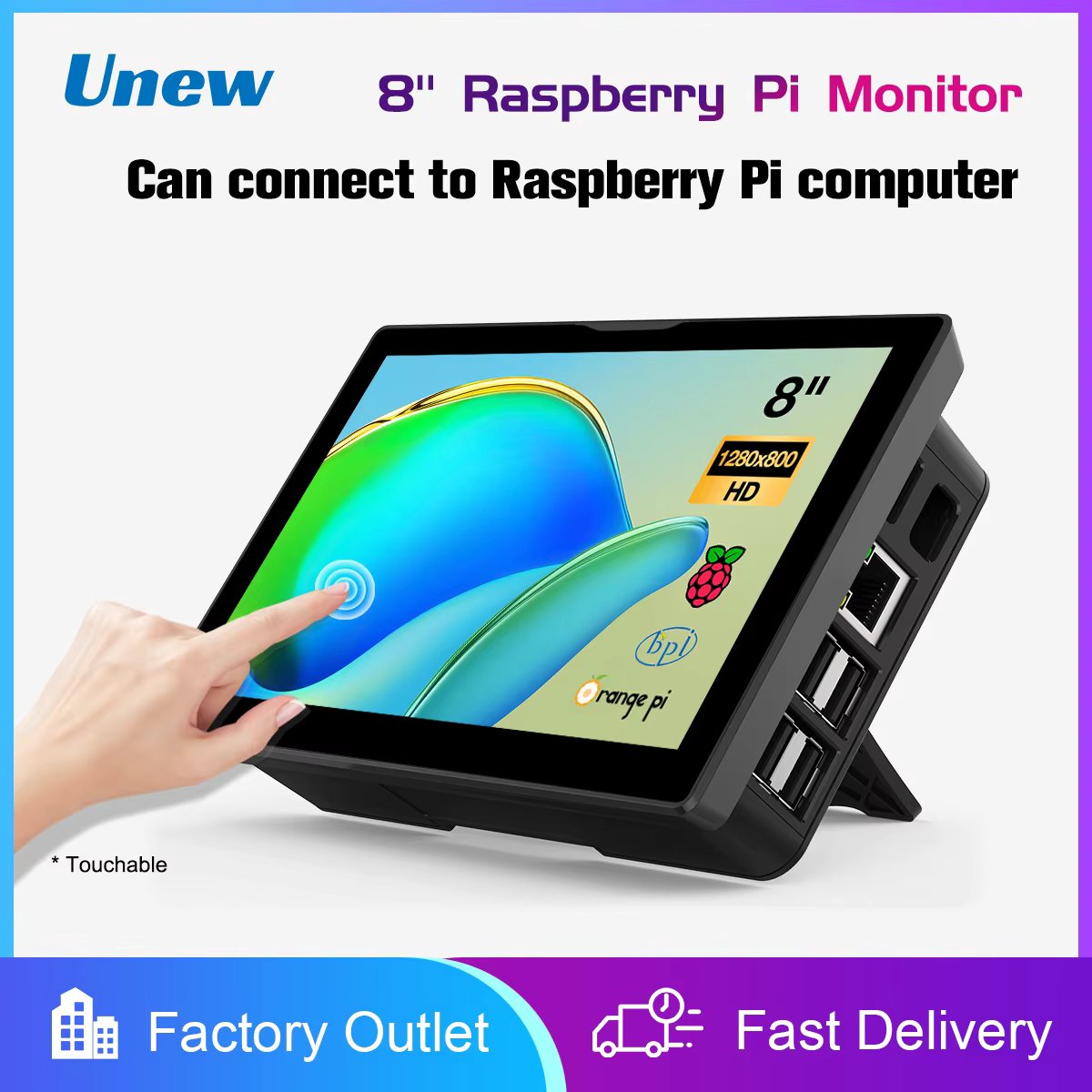 8 inch Pi Monitor 1280x800P 16:10 Widescreen Ratio HDMI Interface for Raspberry Pi DIY Projects Surveillance Display
