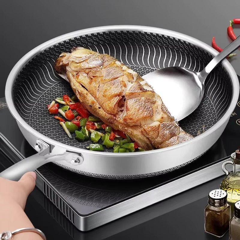 316 Stainless Steel Whole Body Tri-Ply Stainless Steel Frying Pan Wok Pan Double-sided Honeycomb Skillet Suitable for All Stove