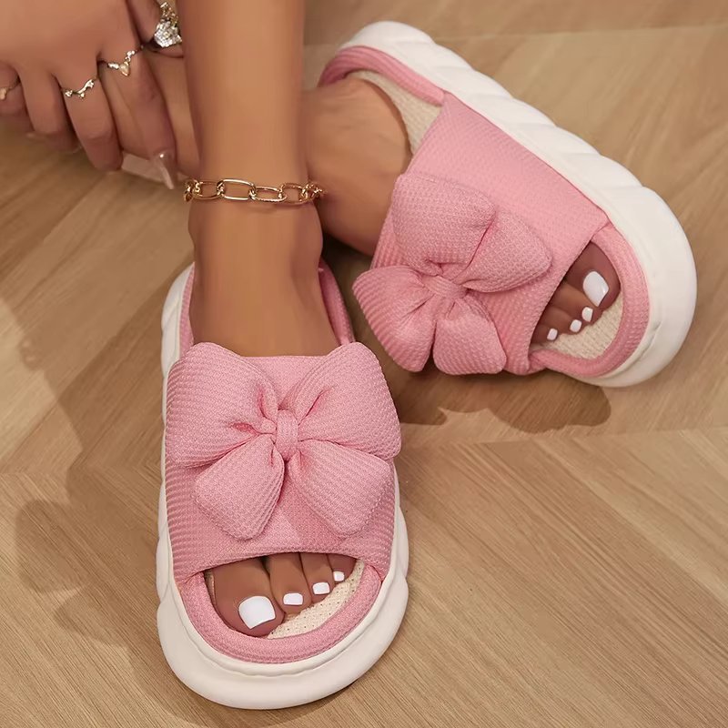 Sofe Sole Platform Linen Slippers Women Spring Summer Cute Bowknot House Slippers Woman Thick Bottom Non-slip Indoor Slides