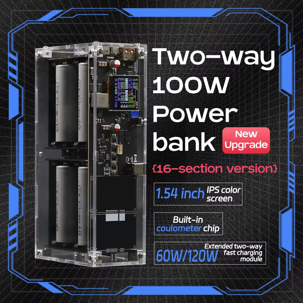 16 Cell 300W Two-way 48000mah 1.54inch IPS screen No Welding 18650Battery Case Fast Charging transparent 120W 120W UPS PowerBank
