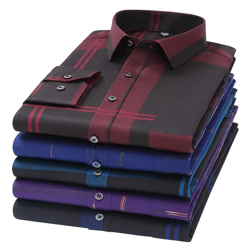 Men's Dress Shirts Spring Autumn Latest Hot Sale Non-iron Anti-wrinkle Business Casual Print Thin Plaid Slim Fit chemise homme